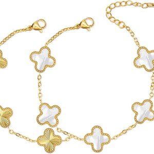 Unique 18K Gold Four Leaf Clover Bracelet for Women White Gold Lucky Link Clover